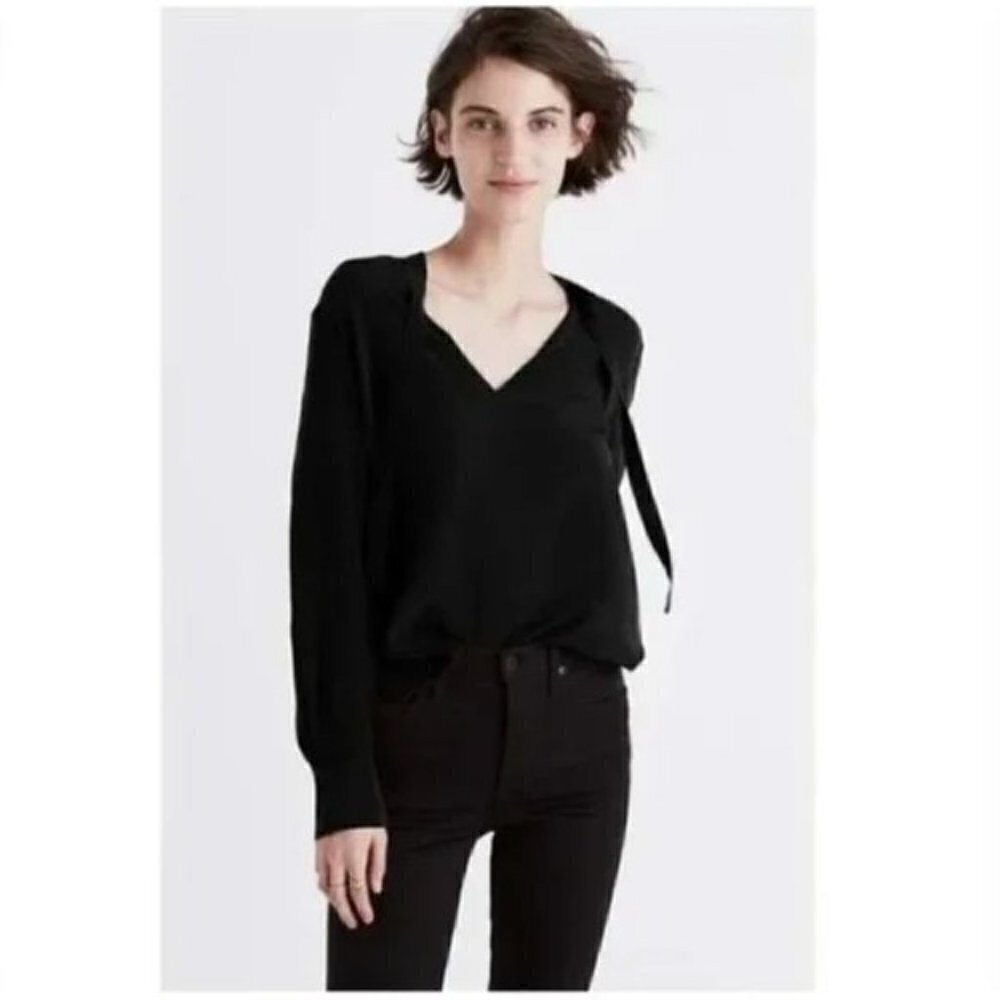 Madewell Black Silk Tie Neck Long Sleeve Blouse S